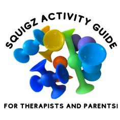 the logo for squiz activity guide for therapists and parents, with colorful shapes