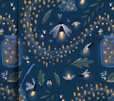 a blue wallpaper with bees and candles in mason jars on it's sides