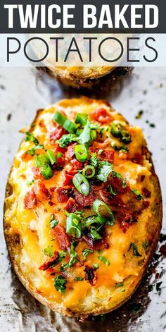 two baked potatoes with bacon, cheese and green onions on top are shown in front of the words twice baked potatoes