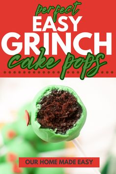 a green cake pops with chocolate frosting and sprinkles in the middle