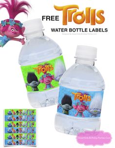 two water bottles with troll's on them and an advertise for the bottle label