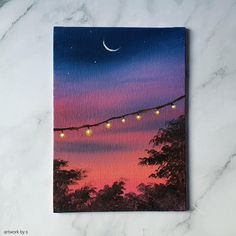 an acrylic painting of the night sky with string lights hanging from it's sides