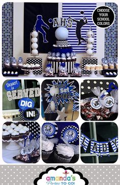 a collage of photos with blue and white decorations on it, including cupcakes