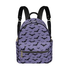 "This is an adorable mini backpack in our super spooky purple and black bat print. The bag is made from Polyester and it measures:  27x26x13cm （10.6\"x12.2\"x5.1\"）   This bag is best as an everyday bag when you want to go out shopping or for an evening out. The print is unique to us and is very eye catching. Stand out from the crowd with one of these bags. Remember spooky is always in season. Made to order in approx 2-3 weeks" Black Standard Backpack For Halloween, Black Halloween Standard Backpack, Black Backpack For Halloween, Purple School Bag For Halloween, Black Backpack For Halloween Travel, Halloween Standard Backpack With Zipper Closure, Black Halloween Backpack, Gothic Halloween Backpack, Halloween School Backpack