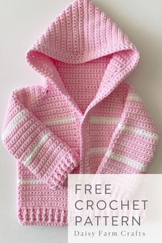 a pink knitted sweater with the words free crochet pattern in front of it