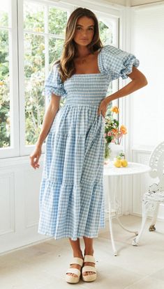 Plaid Puff Sleeve Midi Dress Diy Sy, Fresh Dress, Puff Sleeve Midi Dress, Marine Uniform, Statement Dress, Neck Bodycon Dress, Modest Clothing, Bubble Sleeve, Modieuze Outfits