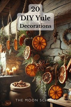 an image of decorations hanging from the ceiling with text overlay that reads, 20 diy yule decorations