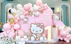 a hello kitty birthday party with balloons and decorations