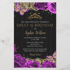 an elegant purple and gold birthday card with roses on the front, butterflies in the background