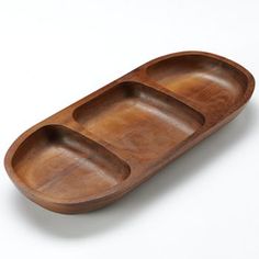 an empty wooden tray with two compartments on the bottom and one section in the middle