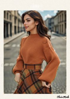 Olivia Mark - Vintage Lantern Long-sleeved Maple-colored Sweater and Plaid Woolen Skirt Set with a Warm Touch Winter Midi Skirt Outfit, Midi Skirt Winter, Plaid Skirt Set, Plaid Wool Skirt, Midi Skirt Outfit, Backless Bodycon Dresses, Checkered Skirt, Vintage Lanterns, Crochet Clothing