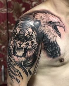 a man with an eagle and tiger tattoo on his arm