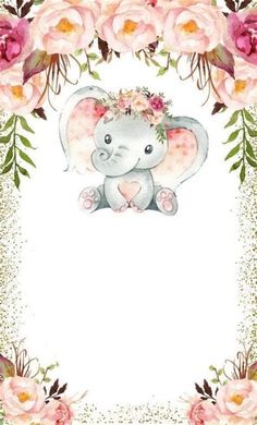 an elephant is surrounded by pink flowers and greenery on a white background with gold glitters