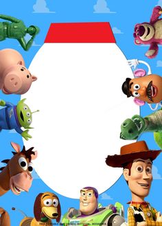 the characters from toy story are in front of a large white sign that says,