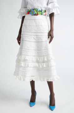 Carolina Herrera Tiered Eyelet & Lace Maxi Skirt | Nordstrom Midi Tiered Skirt, Cotton Midi Skirt With Ruffles, Elegant Spring Maxi Skirt With Lace Trim, Elegant Summer Skirt With Cutwork Hem, Elegant Tiered Voluminous Skirt, Fitted Broderie Anglaise Skirt, Elegant Tiered Voluminous Maxi Skirt, Elegant White Skirt With Cutwork Hem, Elegant Cotton Skirt With Ruffle Hem