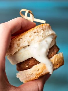 a hand holding a sandwich with meat and cheese on it's bun, in front of a blue background