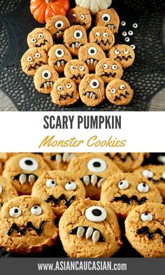 scary pumpkin monster cookies with googly eyes on top and in the background, there is a pile of them