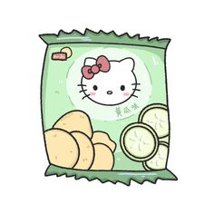 a hello kitty bag filled with potatoes and cucumber slices next to some bread