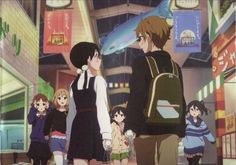 an anime scene with several people standing in front of a building and looking at a fish