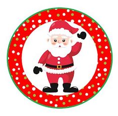 a santa clause standing in front of a red and green circle with polka dots on it