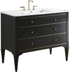 a black and white bathroom vanity with gold trimmings on the drawers, two faucets in front of it