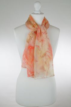 Orange white yellow bronze silk scarf, hand dyed pure silk scarf, women silk scarf, gift for her, handmade Ticik-art This scarf is a unique product, original and timeless which you can wear daily or at special occasions, very light and soft, a special gift for you. DETAILS:  - Dimension 140 x 45 cm (55 x 18 inches) - 100 % pure silk (pongée 05) - Hand rolled edges SPECIAL PLUS: This scarf is sent in a present/gift box with a beautiful card including care advice. I can prepare special scarves in Short Scarf, Hand Dyed Scarves, Short Scarves, Handmade Scarf, Pure Silk Scarf, White Scarf, Jaune Orange, Scarf Handmade, White Scarves