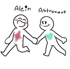 an image of two people holding hands with the words alien and astronaut written on them