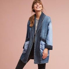 Tonal Denim Oversized Patchwork Kimono. Breezy And Chic, This Denim Kimono Jacket Is A Layering Staple - Toss It Over Lacy Blouse And Trousers To Achieve A Look Of Laidback Sophistication. * Front Slant Pockets * Machine Wash Denim Kimono, Blouse And Trousers, Patchwork Kimono, Denim Chic, Kimono Jacket, Dark Denim, Letterpress, Jean Coat, Jean Jacket