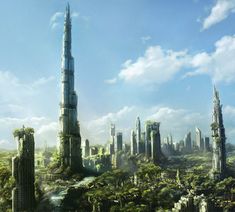 an artist's rendering of a futuristic city with skyscrapers in the foreground