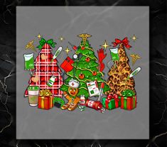 a christmas tree surrounded by presents and other holiday items on a gray background with black grunge