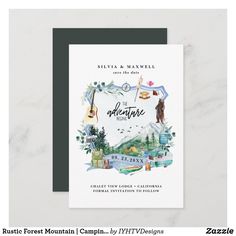 a wedding card with the words, destination and map in watercolor on white paper