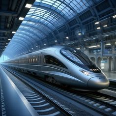 a silver train traveling through a train station