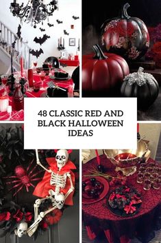 a collage of black and red halloween decorations