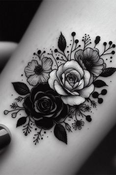 a black and white rose tattoo on the arm with leaves, flowers and berries around it