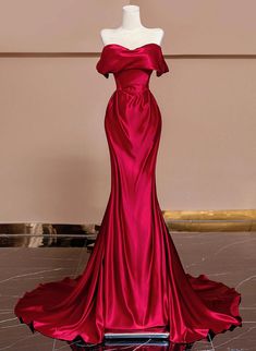 Bold Red Satin Evening Dress with Off-Shoulder Design Wine Red Prom Dress, Red Satin Prom Dress, Red Silhouette, Off Shoulder Evening Dress, Long Party Dress, Prom Season, Multi Way Dress, Velvet Prom Dress, Floral Dress Formal