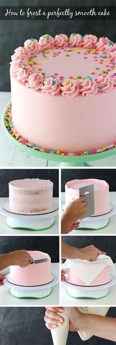 how to frost a pink cake with sprinkles and icing on it