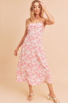 Floral Midi Dress in Rose Print Midi Length Sundress With Fitted Bodice For Brunch, Midi Sundress With Fitted Bodice For Brunch, Brunch Sundress With Fitted Bodice, Midi Length, Feminine Midi Dress With Spaghetti Straps And Lined Bodice, Feminine Midi Sundress For Date Night, Sundress With Lined Bodice For Garden Party, Sundress Midi Dress With Lined Bodice For Garden Party, Brunch Sundress With Sweetheart Neckline, Rose Print Midi Dress For Brunch