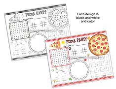 two printable pizza party activity sheets for kids to practice their math skills and help them learn