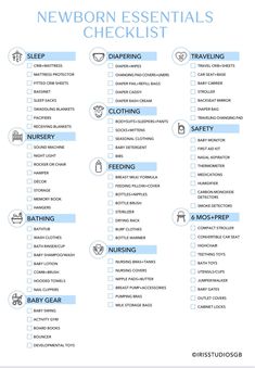 a blue and white checklist with the words newborn essentials on it, including baby items