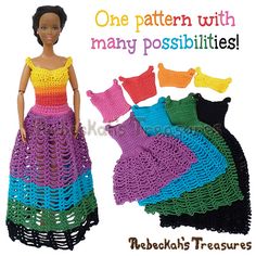 a crocheted doll is standing next to several dresses made from knitted material