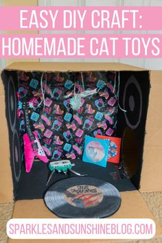 an easy diy craft homemade cat toys in a cardboard box with vinyl records and cds