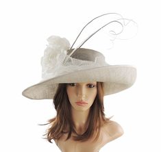 Hats By Cressida Ascot Kentucky Derby Collection Pale Grey & White Kentucky Derby Hat Pretty white chiffon tulle trimmed with while silk roses on a pale grey sinamay hat and curled quills Brim measures 43 cm side to side with a crown height of 10cm Inside circumference is 58cm. If you need this stretched please let us know when you order with your head size Due to the size this will be shipped UPS 2 day service Please be aware that all fascinators & hats are made to order and during busier times Tea Garden Party, Fascinators Hats, Colour Samples, Sinamay Hat, Colour Swatches, Derby Outfits, Woman Hat, Sinamay Hats, Kentucky Derby Hats