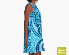 "This Hawaiian/Polynesian loose a-line dress is featuring floral tribal blue design on light blue background. If you would rather this dress was in another color or combination of colors please get in touch and let me know and I will do my best to accommodate you. The perfect sleeveless dress for daytime or evening wear, loose, swing fit that you can wear with or without leggings. The dress length in general is just a little above the knee. The dress is made out of 97% Polyester and 3% Elastane Blue Bohemian A-line Dress, Blue Hawaiian Printed Dresses, Blue Bohemian A-line Sundress, Polynesian Dress, Tiki Dress, Flirty Dresses, Hawaiian Dress, Light Blue Background, Woven Dress