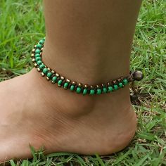 Hand Made Fair Trade Anklet Double Strand Brass Beads Green Turquoise Ankle Bracelet, Enchanting Jewelry, Anklets Jewelry, Ankle Bracelet Tattoo, Bracelet Tattoo, Fork Bracelet, Women Anklets, Handmade Fair, Special Necklace