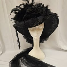 Vintage Elsie Massey Original Black Pleated Satin Top With Black Roses & Black Feathers. It Is Finished Off With A Black English Netting Bow In The Back. New But The Tag Has Been Removed. Em3071 Victorian Goth Accessories, Victorian Hats Woman, French Hats, Goth Prom, Elegant Veils, Goth Styles, Clown Party, Victorian Hats, Roses Black