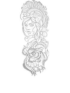 a drawing of a woman's face with an owl on her head and flowers in her hair