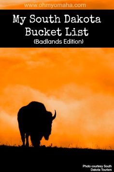 a bison is silhouetted against an orange sky with the words, my south dakota bucket list badlands edition