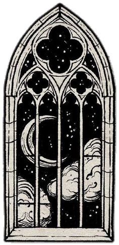 an old stained glass window with planets in the sky and stars on it, as well as clouds