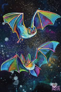 two bats flying in the sky with stars and paint splatters on it's surface