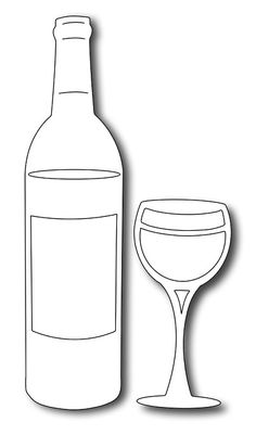 a wine glass next to a bottle of wine on a white background with an outline